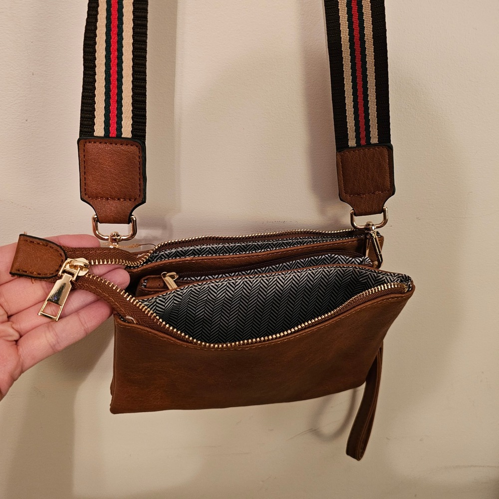 Brown Vegan Leather Triple Zip Crossbody Bag with Striped Guitar Strap Clutch - Picture 5 of 11